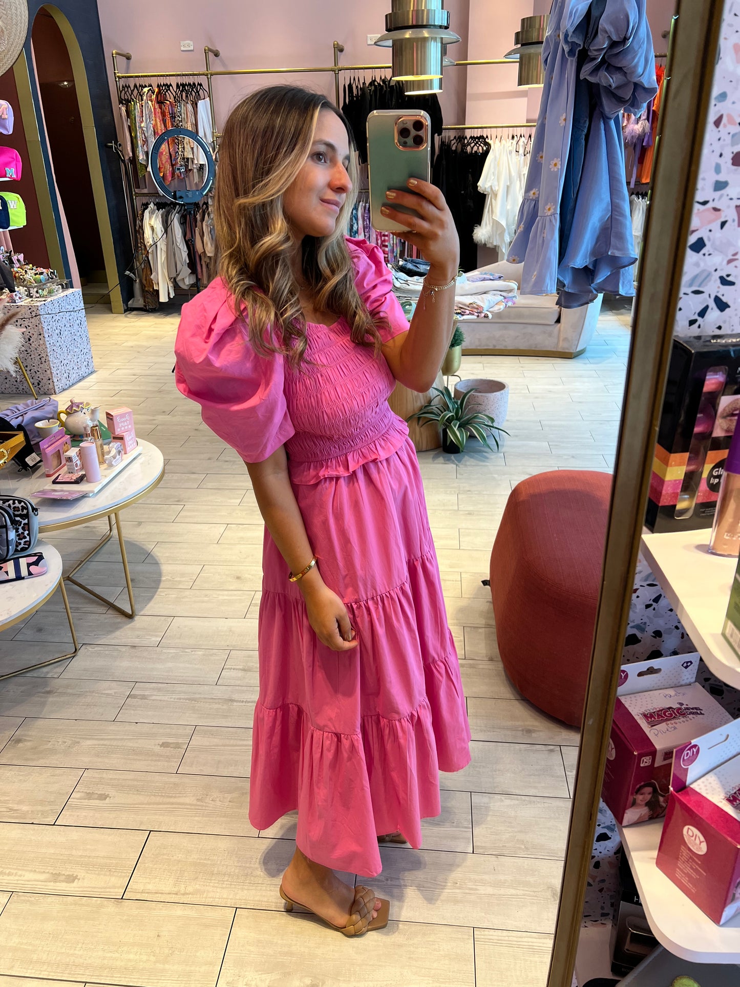 Pink smocked maxi dress