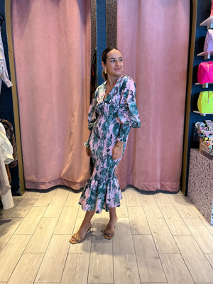 Green botanical smocked dress