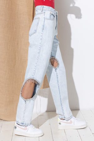 Cut out rhinestones jeans