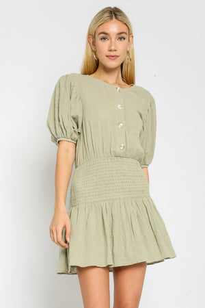 sage smocked ruffled dress