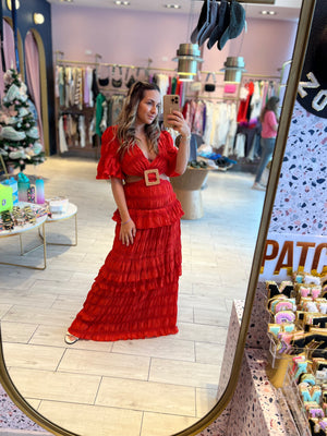 Red cut out ruffled dress