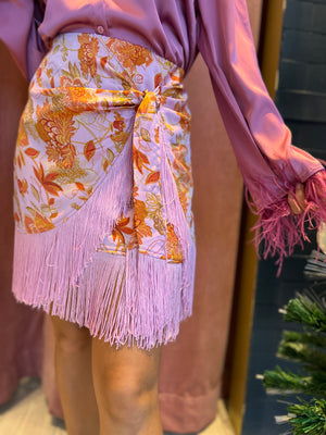 Botanical pink fringed wrap skirt