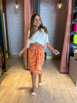 Orange printed wrap skirt