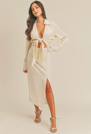 Cream Front tie midi dress