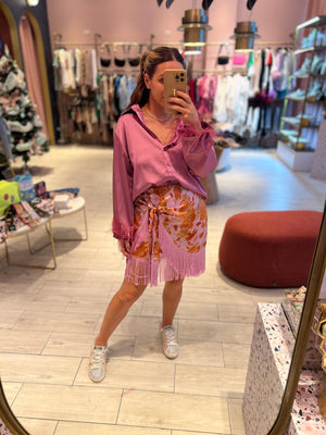 Botanical pink fringed wrap skirt