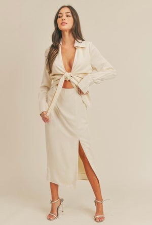 Cream Front tie midi dress