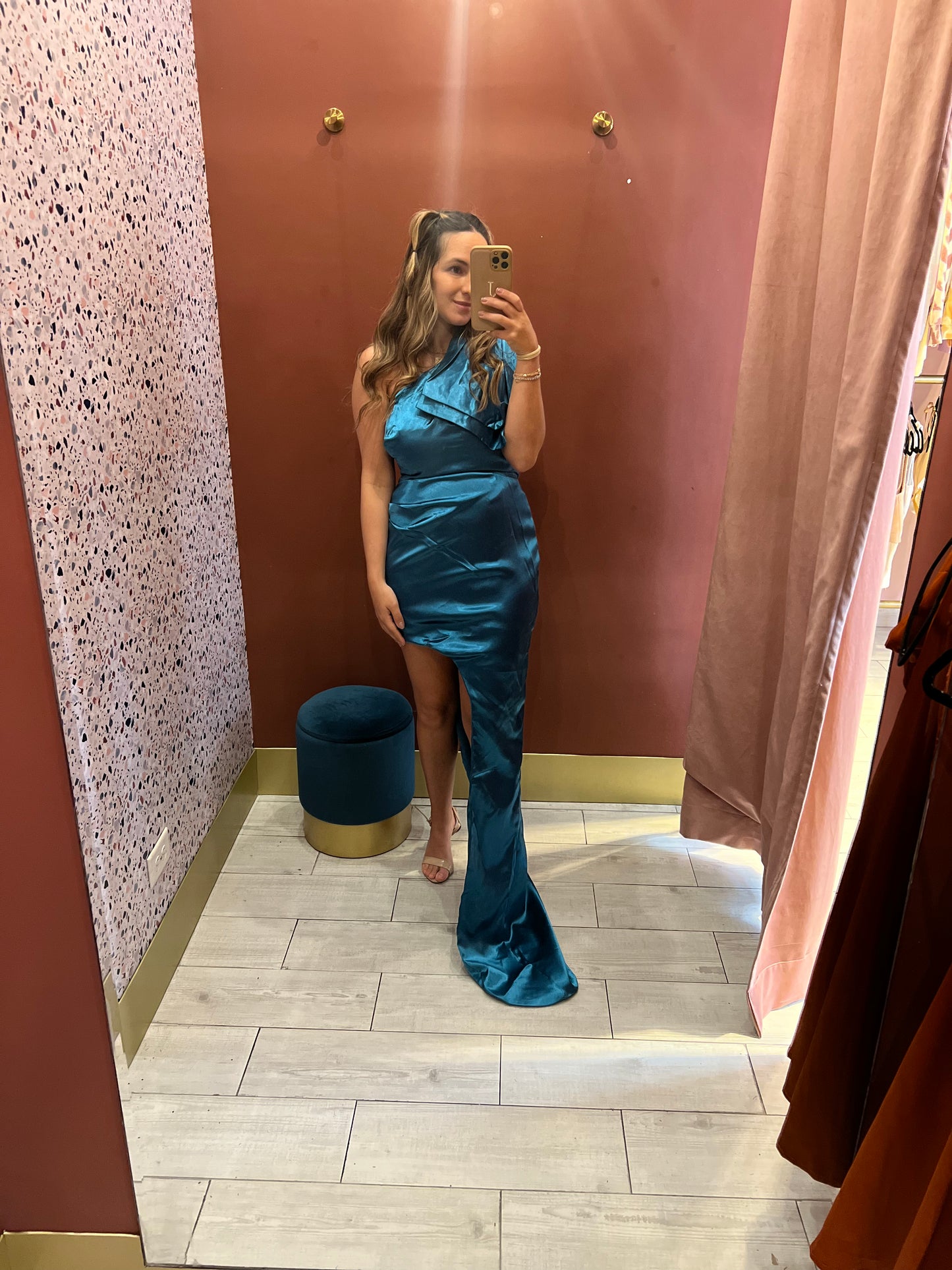 Teal bow one shoulder dress