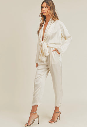 Cream silky tie in front jumpsuit