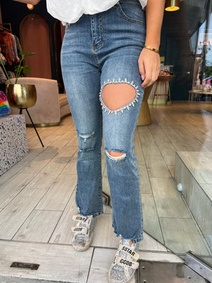 Cut out heart rhinestones jeans