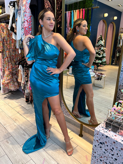 Teal bow one shoulder dress