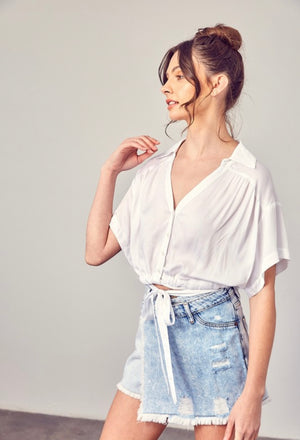 White wooven tie in front shirt