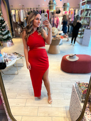 red cut out dress