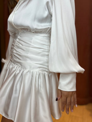 White silky smocked puffy dress
