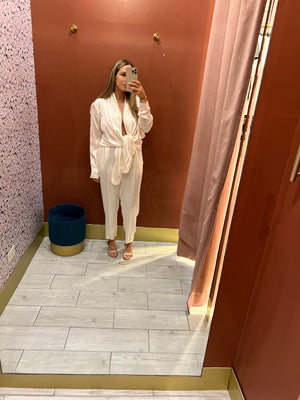 Cream silky tie in front jumpsuit