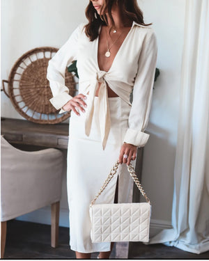 Cream Front tie midi dress