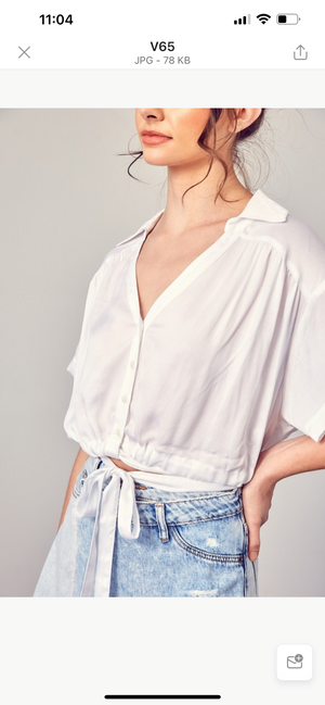 White wooven tie in front shirt