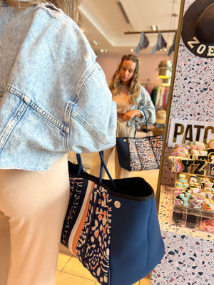 Navy printed neoprene tote
