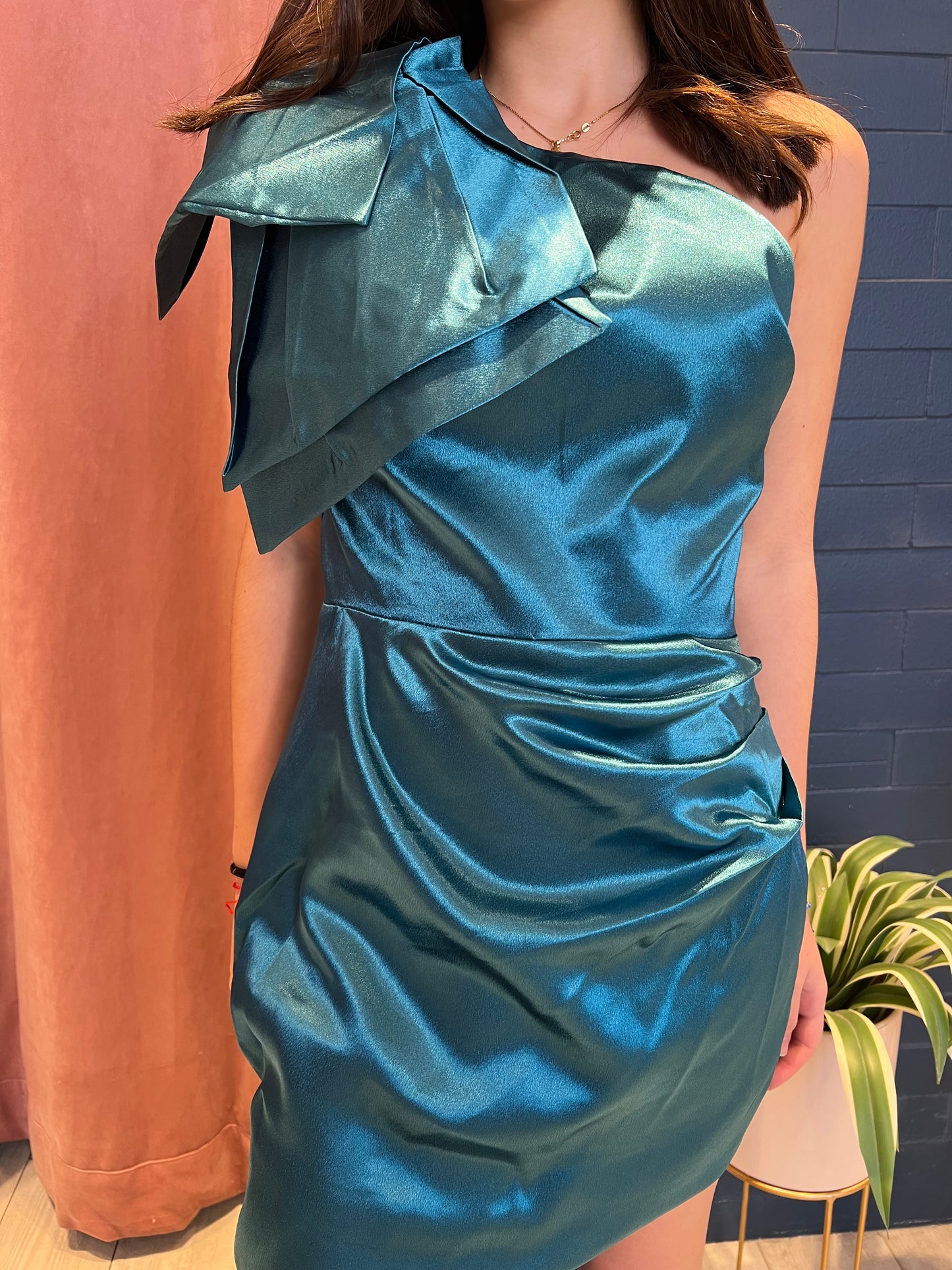 Teal bow one shoulder dress