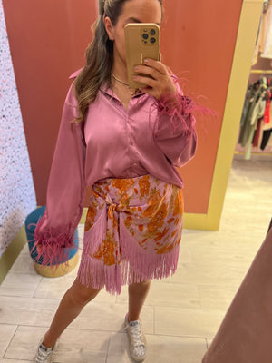 Botanical pink fringed wrap skirt