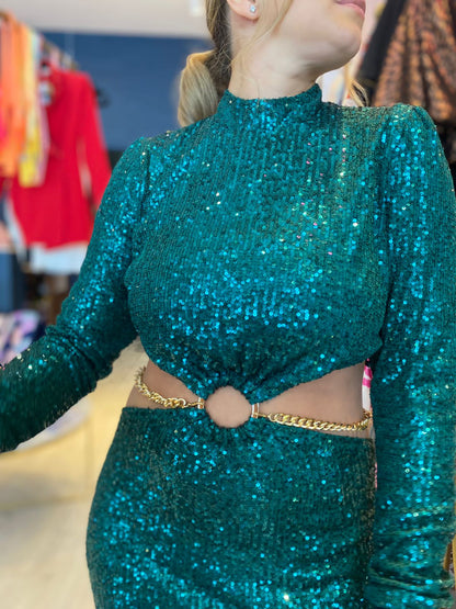 Green hunter cut out sequins dress