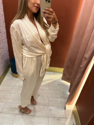 Cream silky tie in front jumpsuit