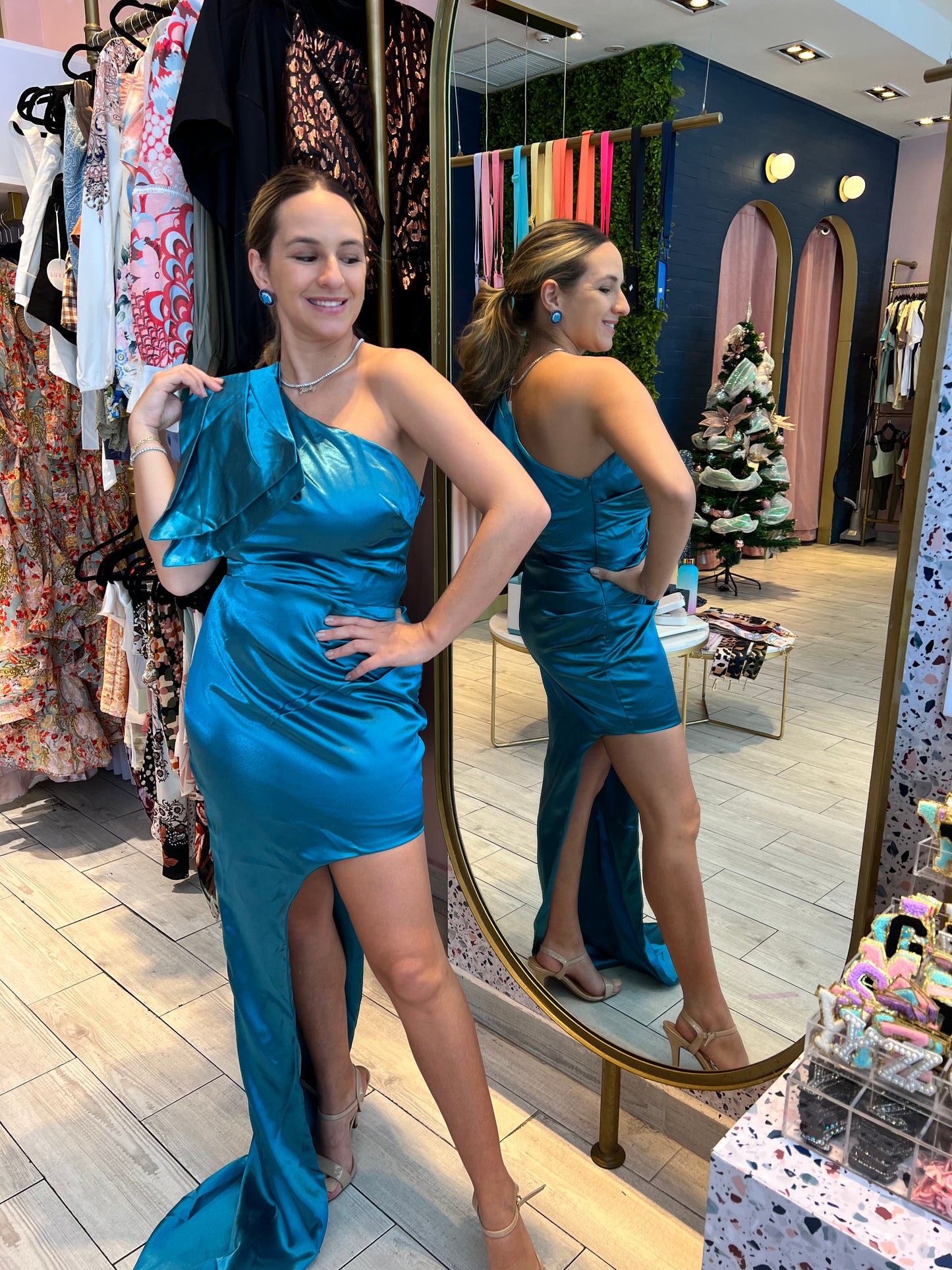 Teal bow one shoulder dress