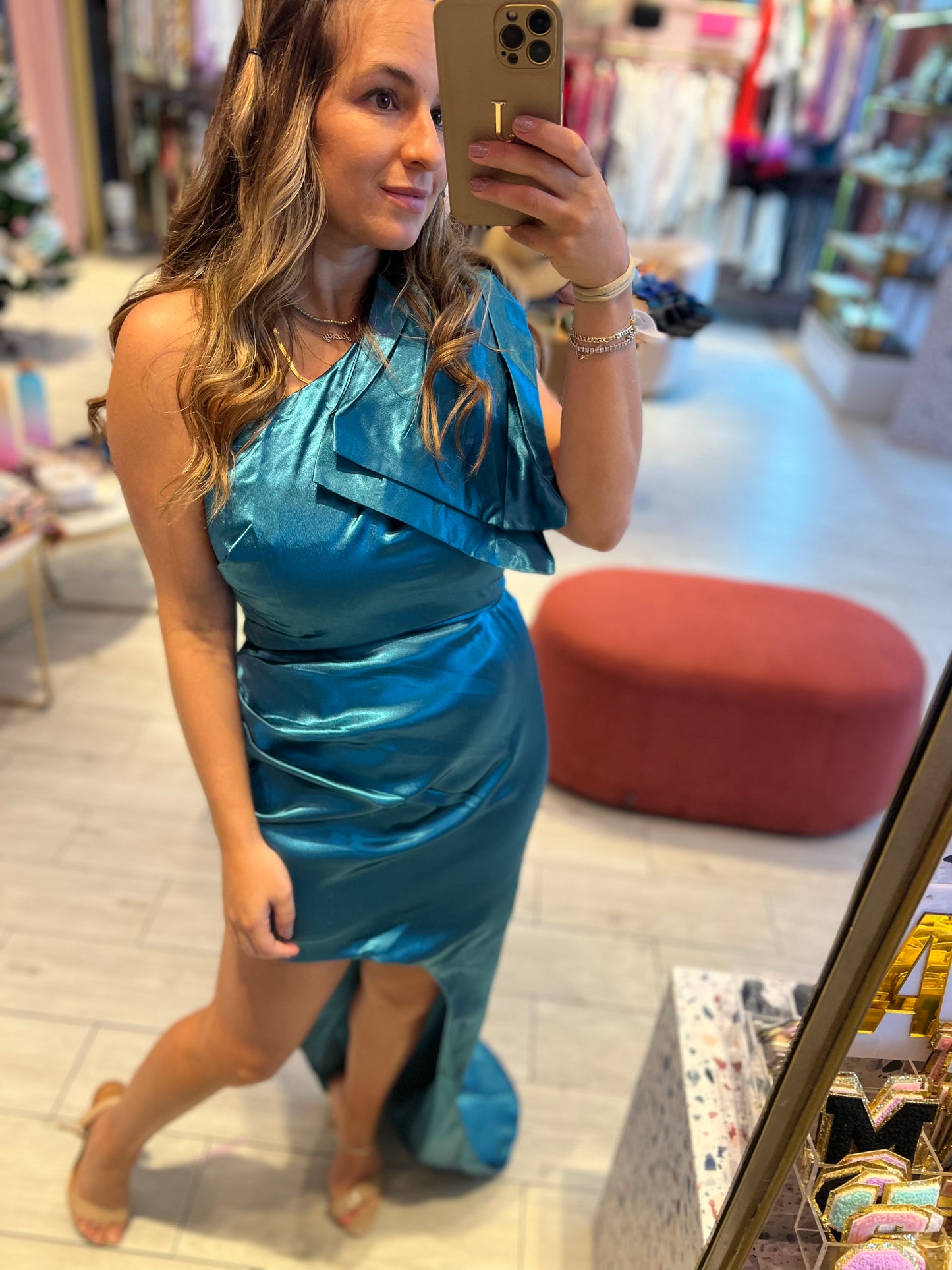 Teal bow one shoulder dress