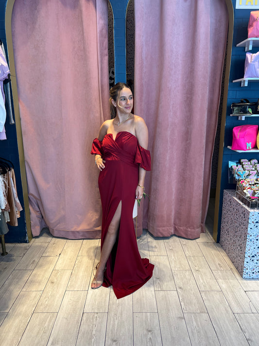 Red off shoulder dress