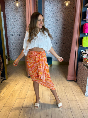 Orange printed wrap skirt