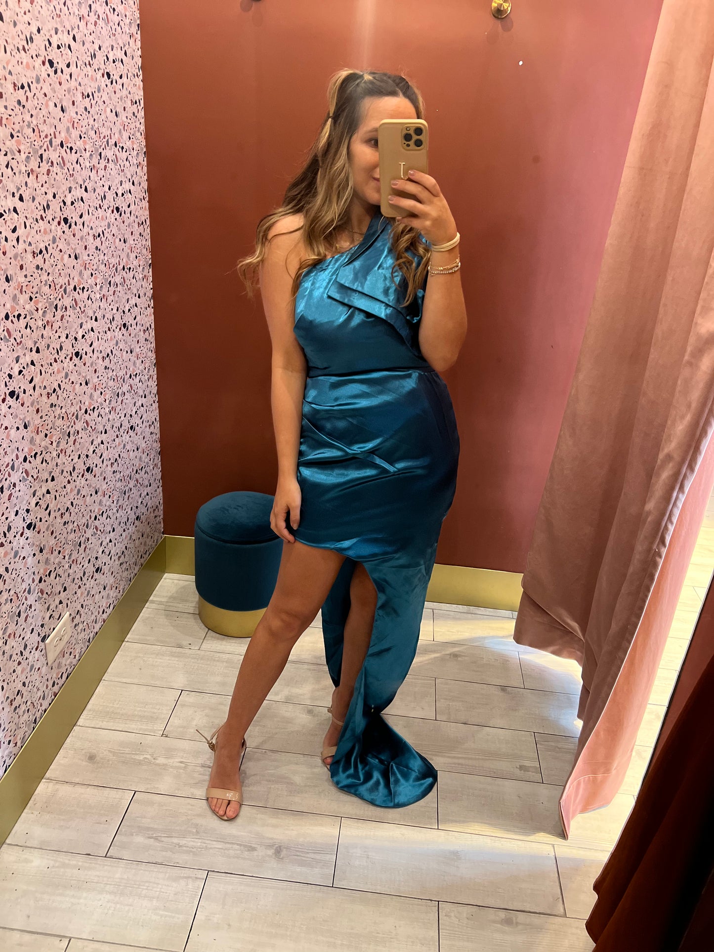 Teal bow one shoulder dress