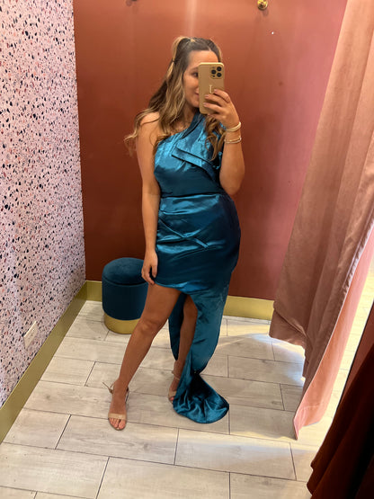 Teal bow one shoulder dress