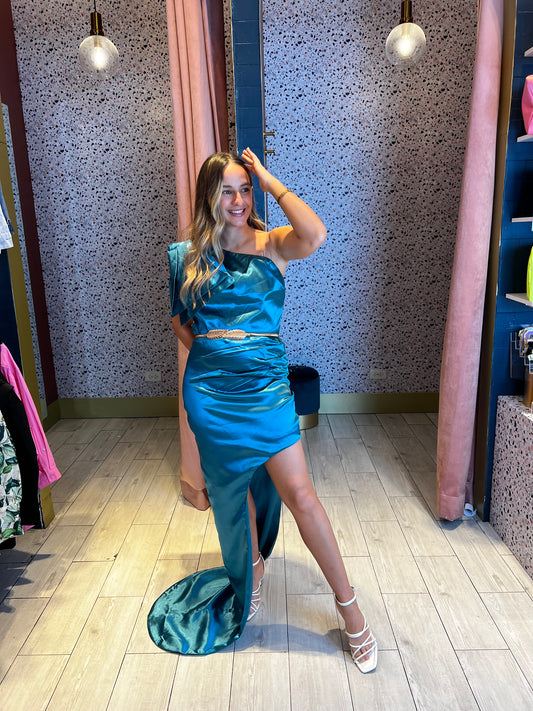 Teal bow one shoulder dress