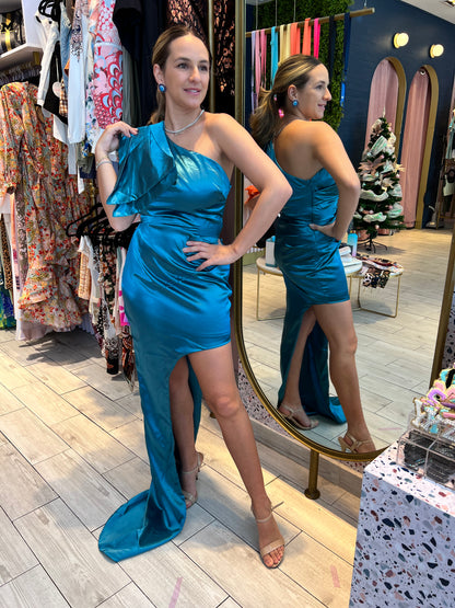 Teal bow one shoulder dress