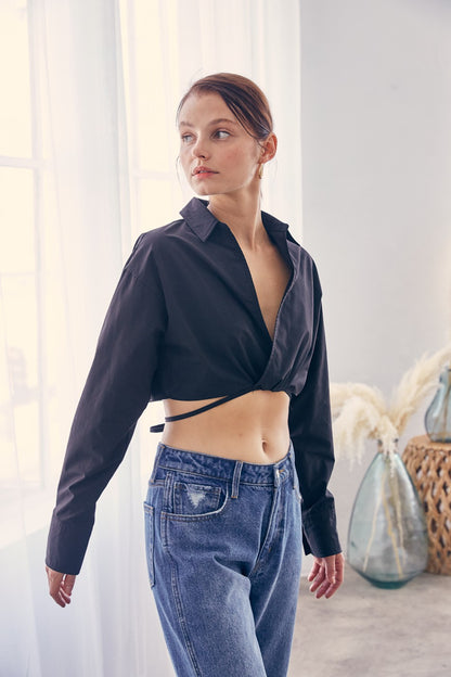 Black cropped tie shirt